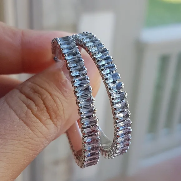 Swarovski Elements Platinum Plated Large Baguette Hoop Earrings NEW - Picture 14 of 17